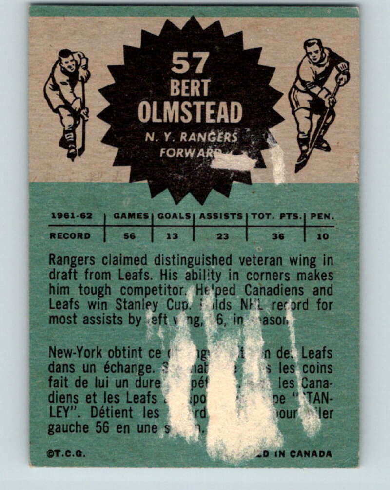 1962-63 Topps #57 Bert Olmstead New York Rangers V102