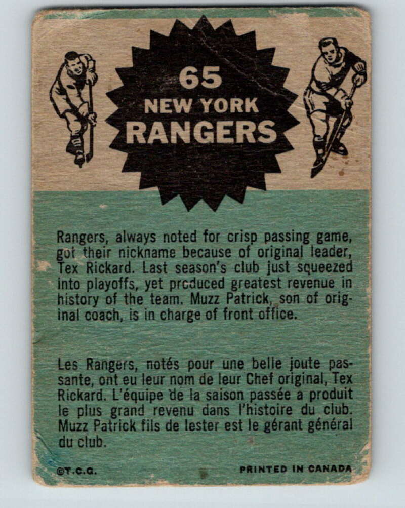 1962-63 Topps #65 Rangers Team New York Rangers V108