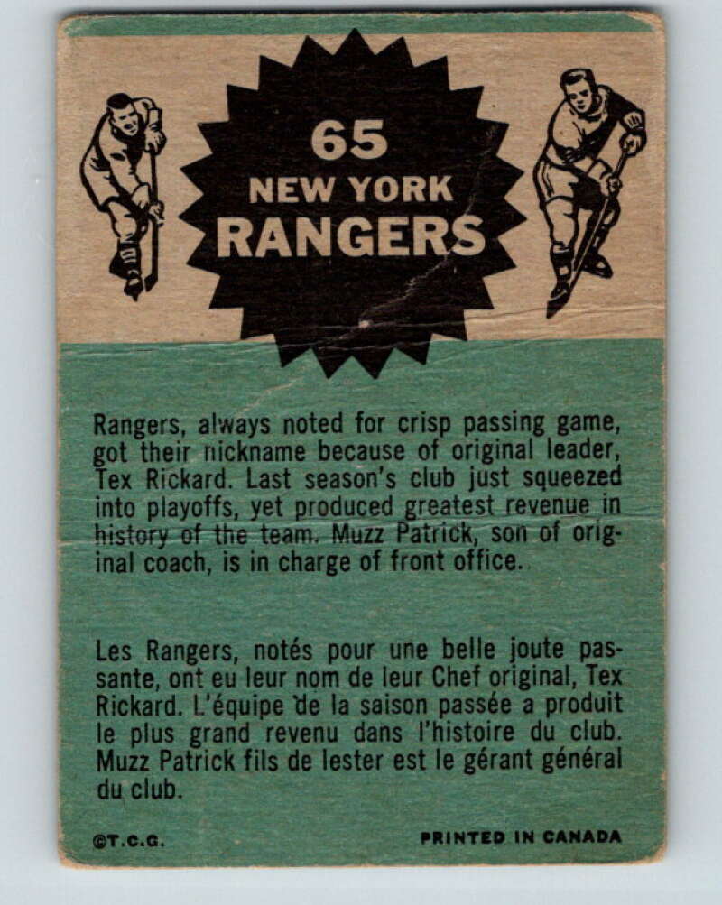1962-63 Topps #65 Rangers Team New York Rangers V109