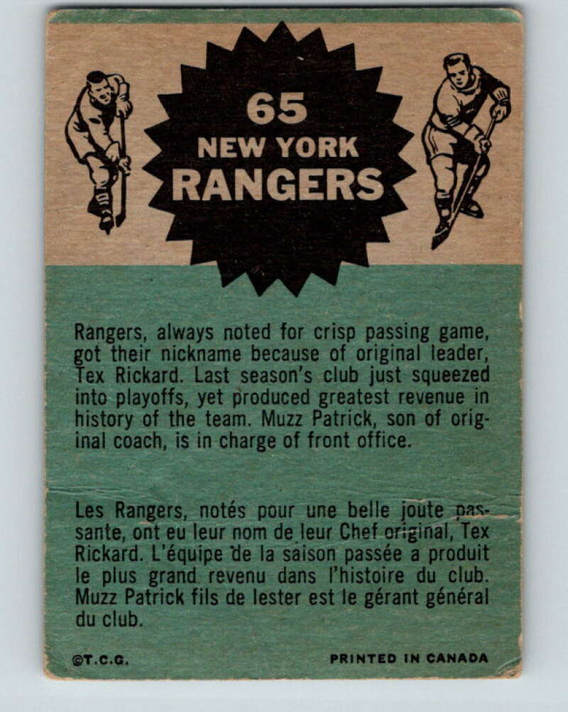 1962-63 Topps #65 Rangers Team New York Rangers V110