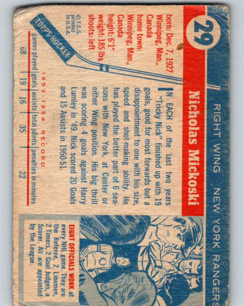 1954-55 Topps #29 Nick Mickoski New York Rangers V120