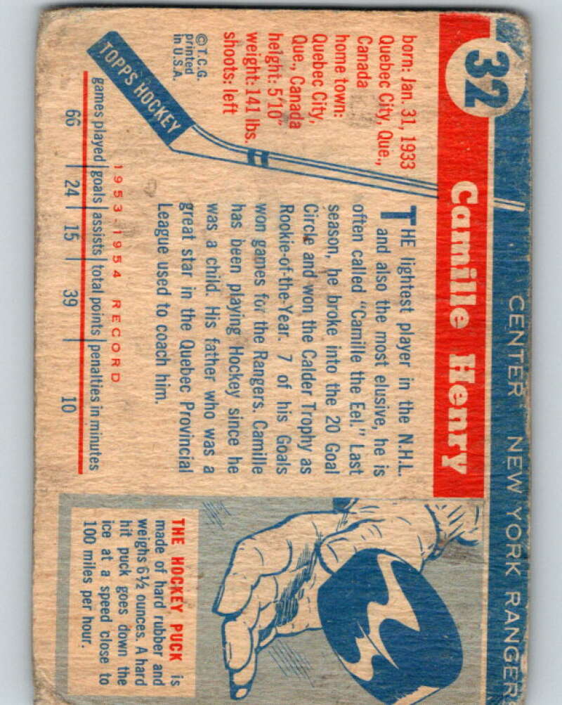 1954-55 Topps #32 Camille Henry RC Rookie New York Rangers V121