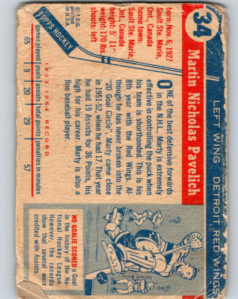 1954-55 Topps #34 Marty Pavelich Detroit Red Wings V122