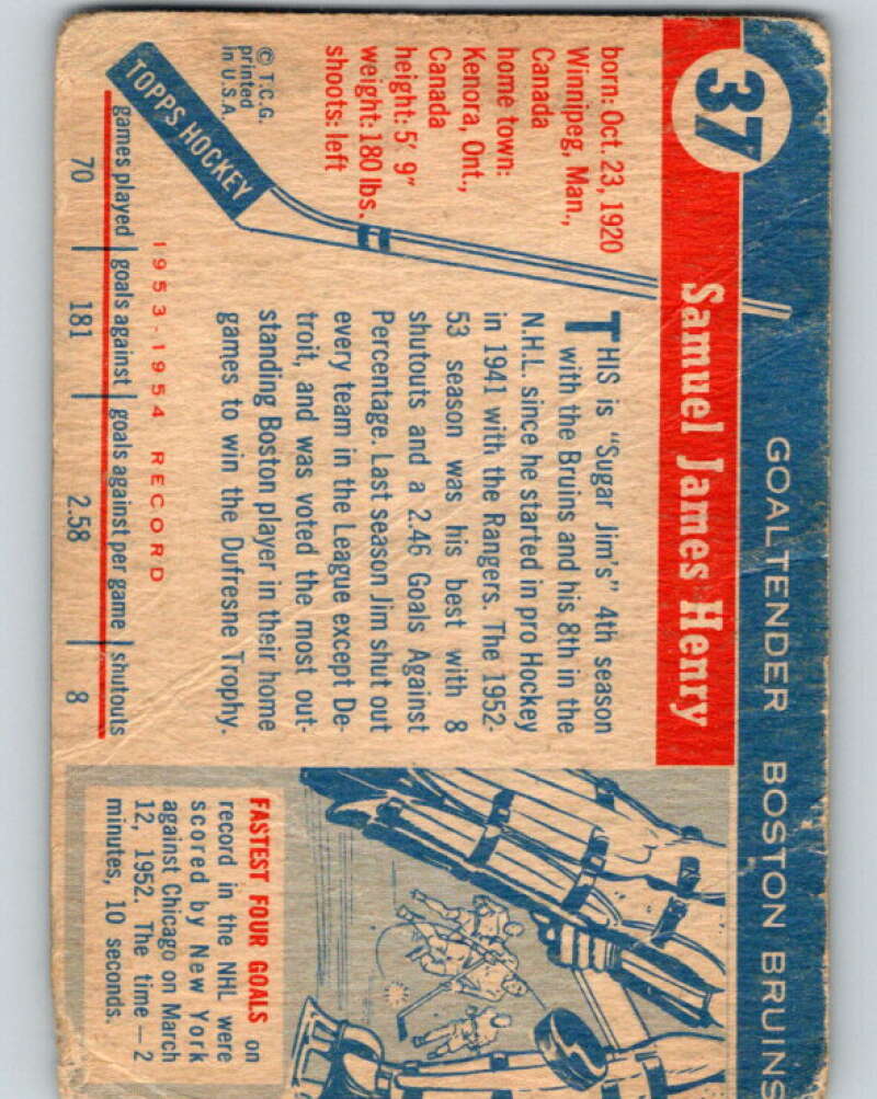 1954-55 Topps #37 Jim Henry Boston Bruins V124