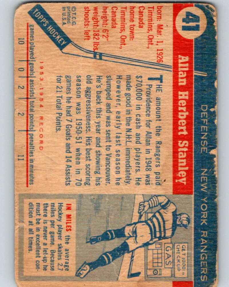 1954-55 Topps #41 Allan Stanley New York Rangers V126