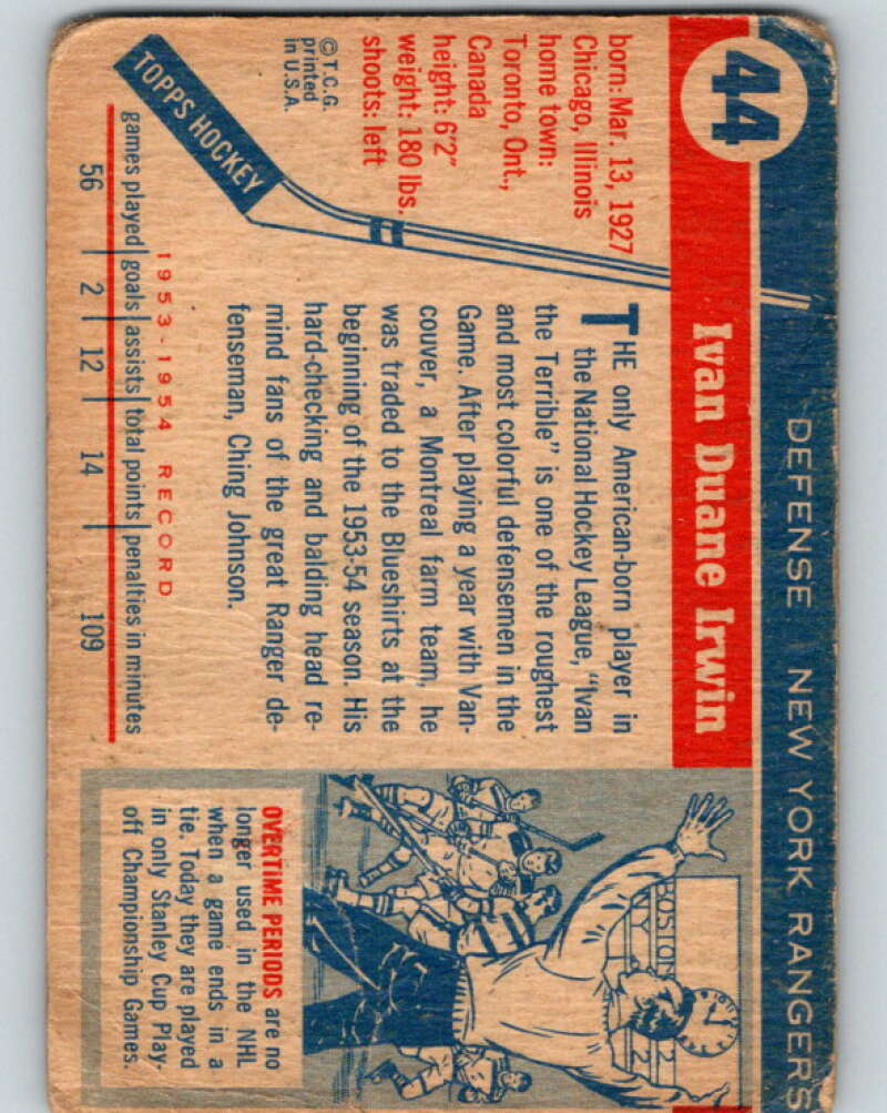 1954-55 Topps #44 Ivan Irwin RC Rookie New York Rangers V128