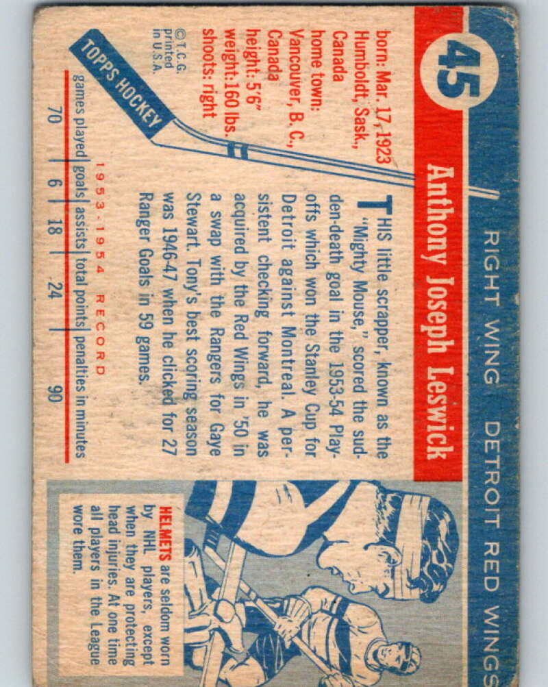 1954-55 Topps #45 Tony Leswick Detroit Red Wings V129