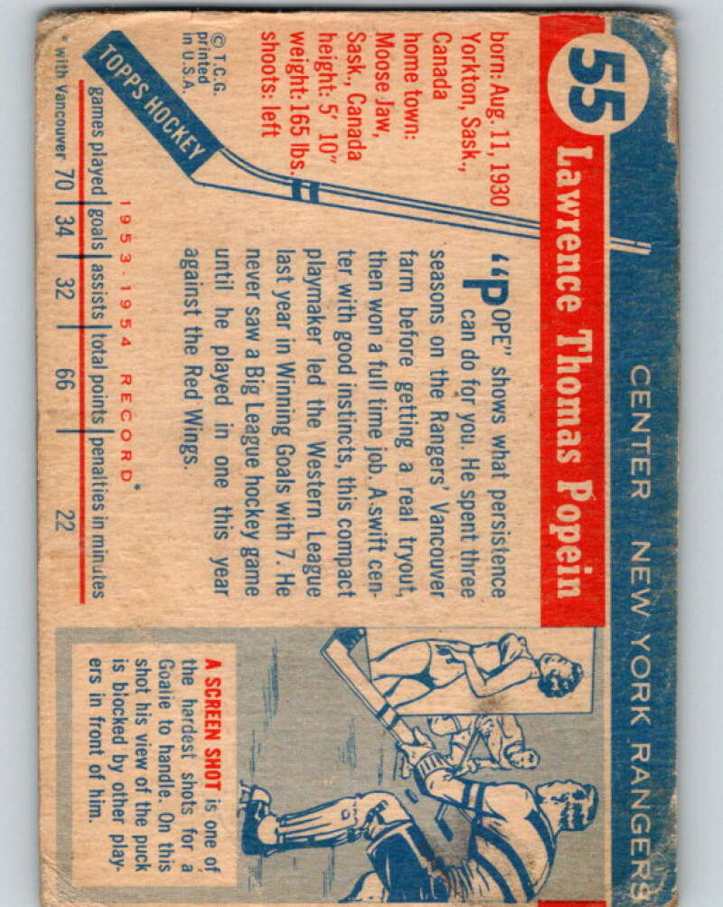 1954-55 Topps #55 Larry Popein RC Rookie New York Rangers V131