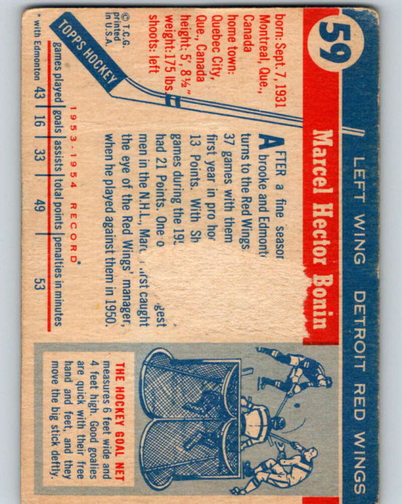 1954-55 Topps #59 Marcel Bonin RC Rookie Detroit Red Wings V133