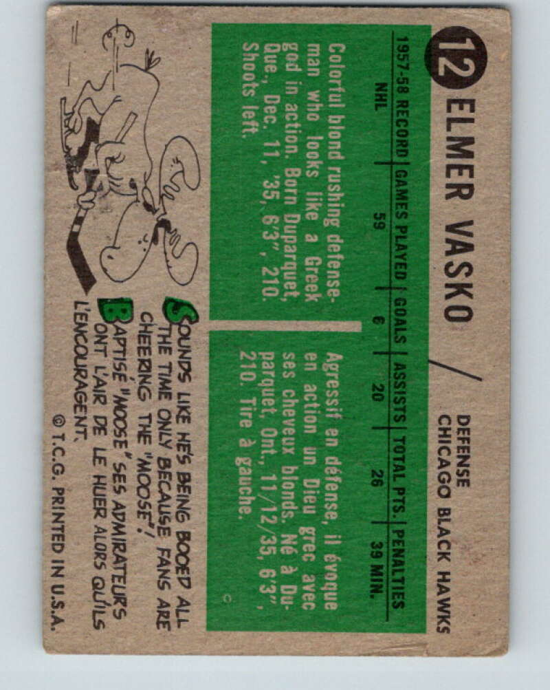 1958-59 Topps #12 Elmer Vasko Chicago Blackhawks V137