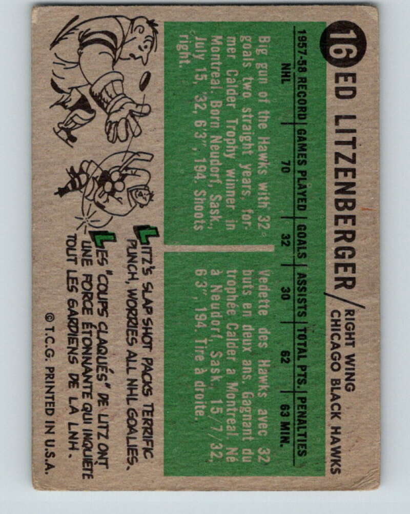 1958-59 Topps #16 Ed Litzenberger Chicago Blackhawks V139
