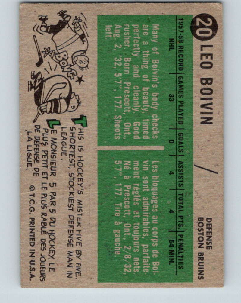 1958-59 Topps #20 Leo Boivin Boston Bruins V140