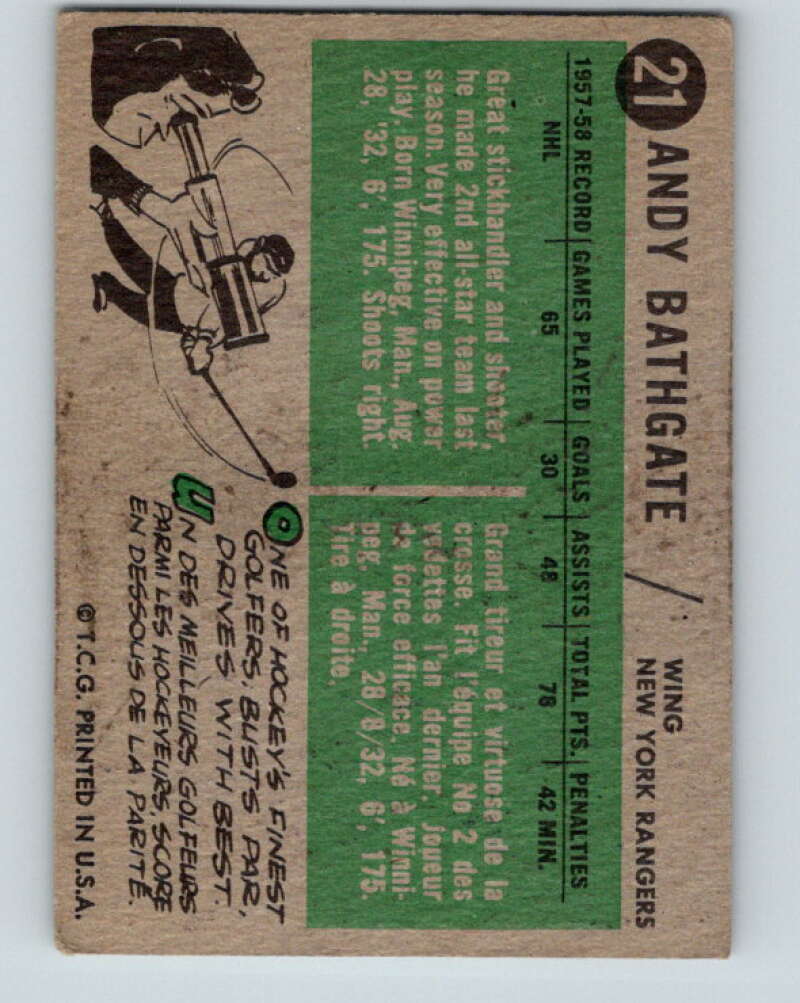 1958-59 Topps #21 Andy Bathgate New York Rangers V141