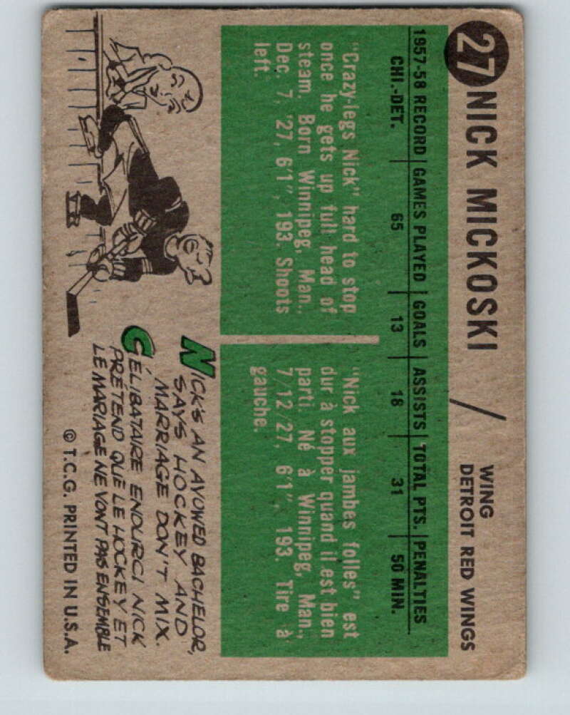 1958-59 Topps #27 Nick Mickoski Detroit Red Wings V144