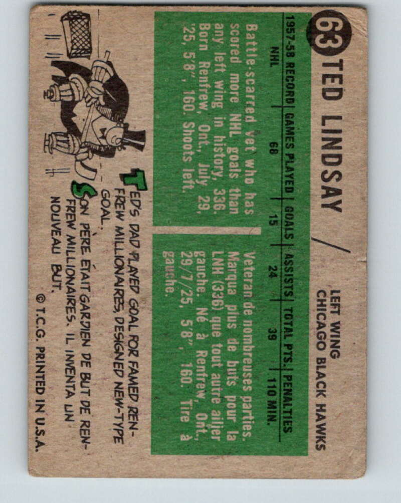 1958-59 Topps #63 Ted Lindsay  Chicago Blackhawks  V164