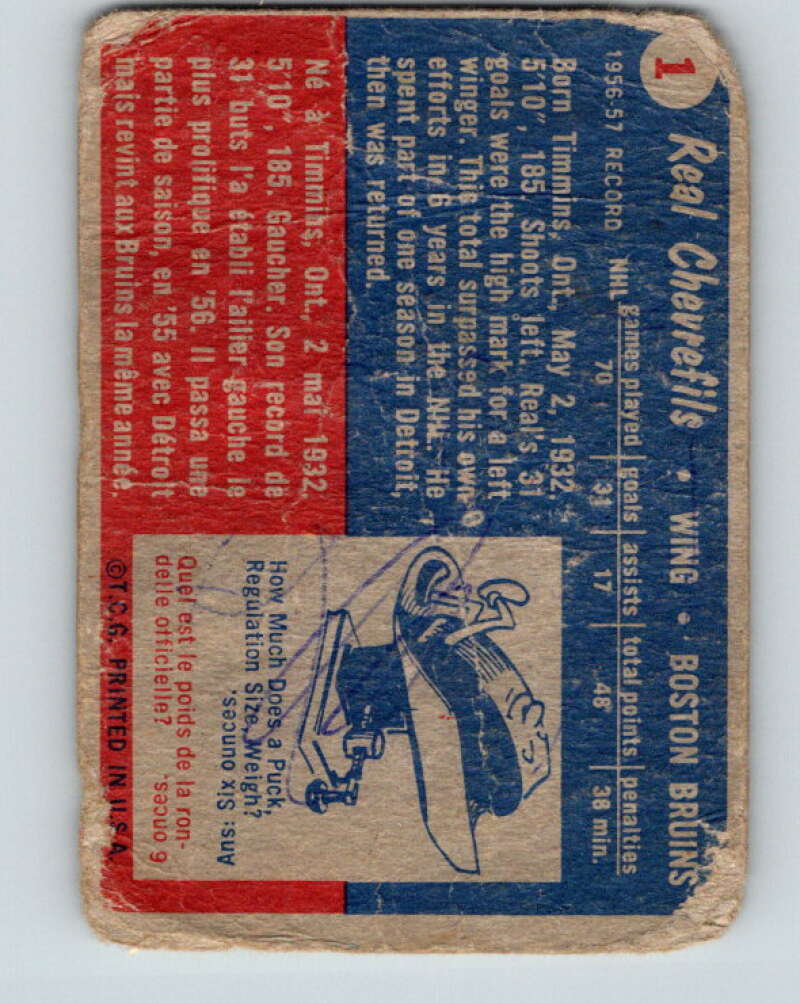 1957-58 Topps #1 Real Chevrefils See Scan Boston Bruins V169
