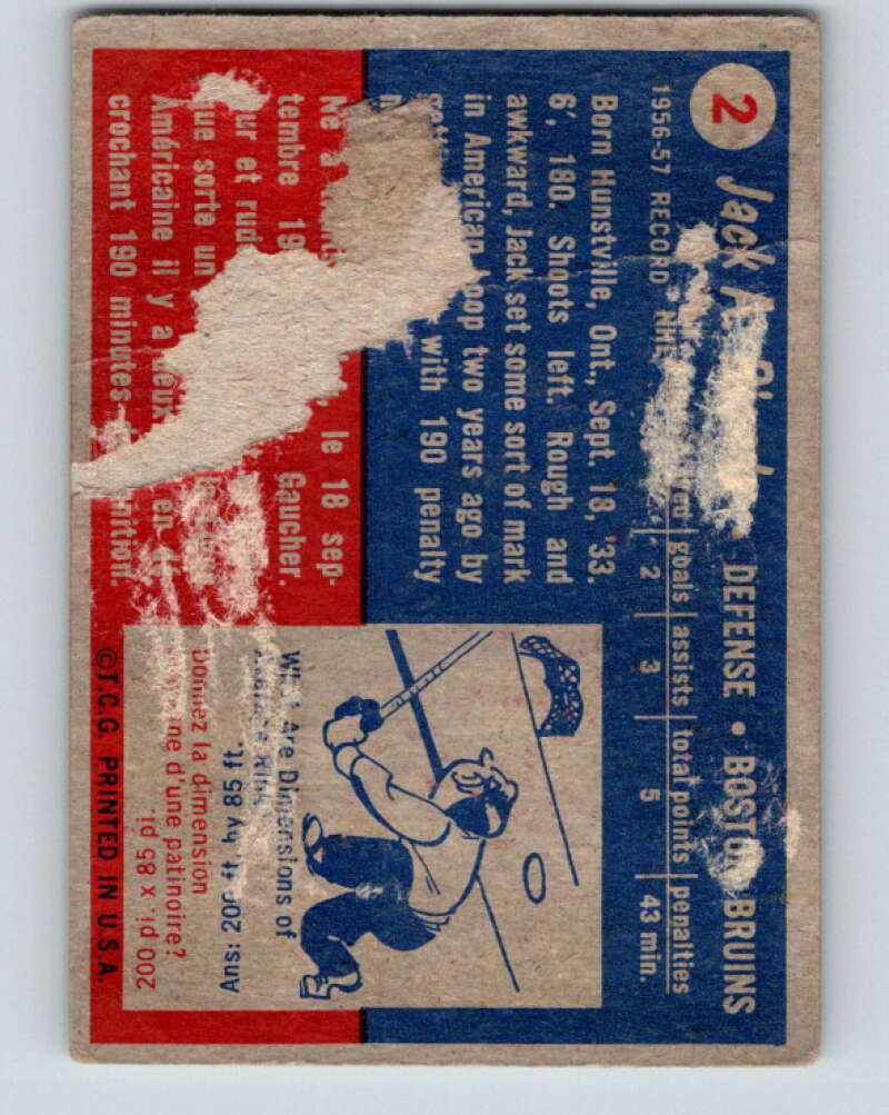 1957-58 Topps #2 Jack Bionda See Scan RC Rookie Boston Bruins V170