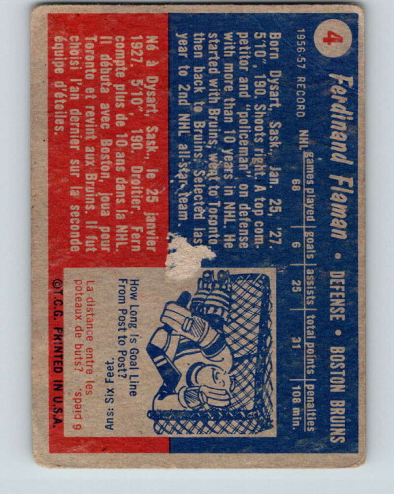 1957-58 Topps #4 Fern Flaman See Scan Boston Bruins V200