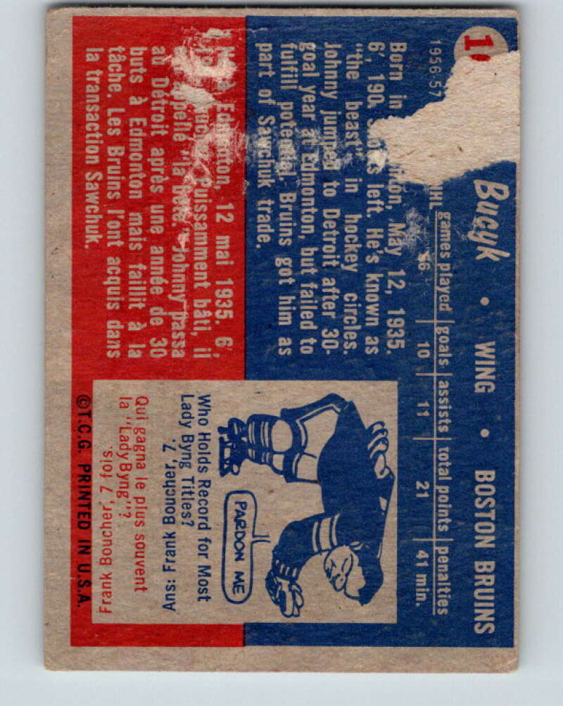 1957-58 Topps #10 Johnny Bucyk See Scan RC Rookie Boston Bruins V171