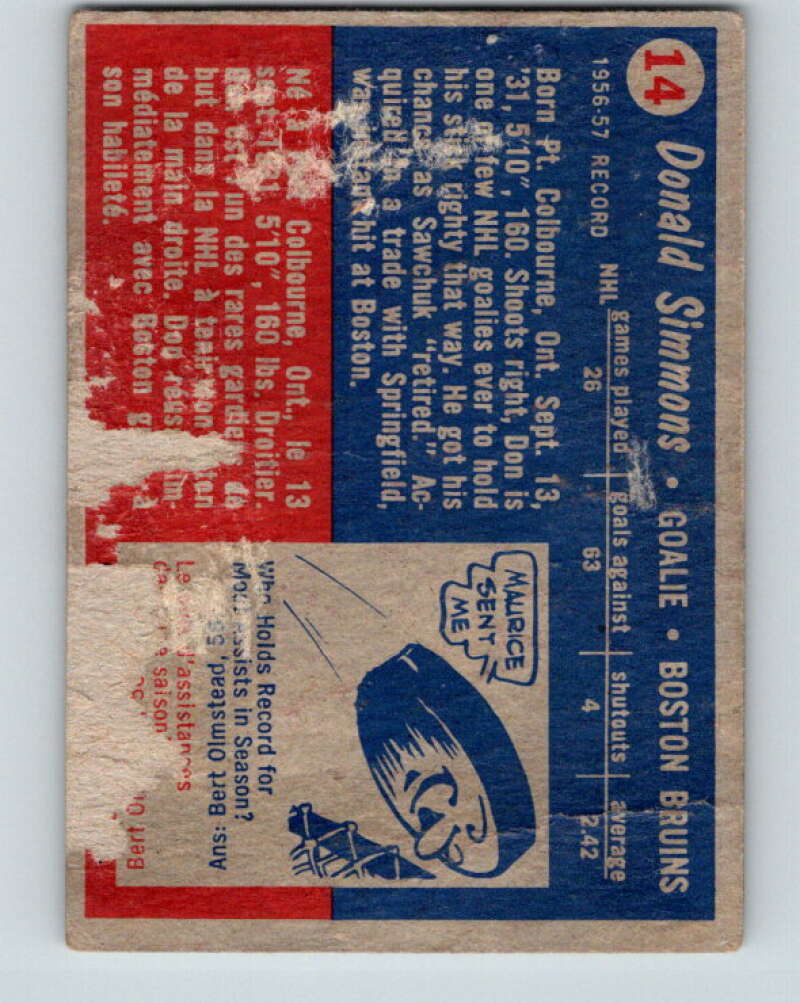 1957-58 Topps #14 Don Simmons See Scan RC Rookie Boston Bruins V174