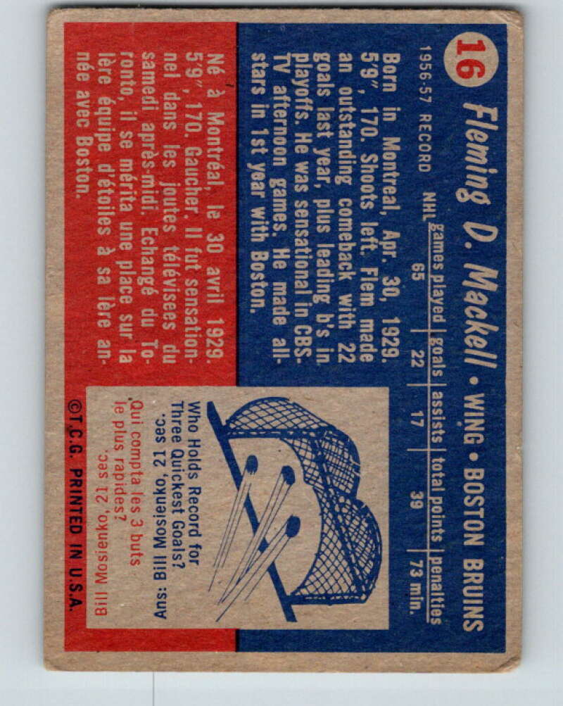 1957-58 Topps #16 Fleming Mackell See Scan Boston Bruins V176