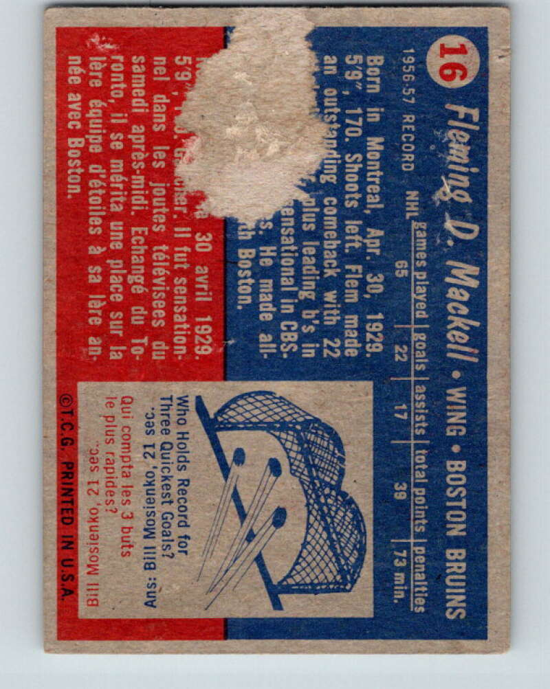 1957-58 Topps #16 Fleming Mackell See Scan Boston Bruins V177