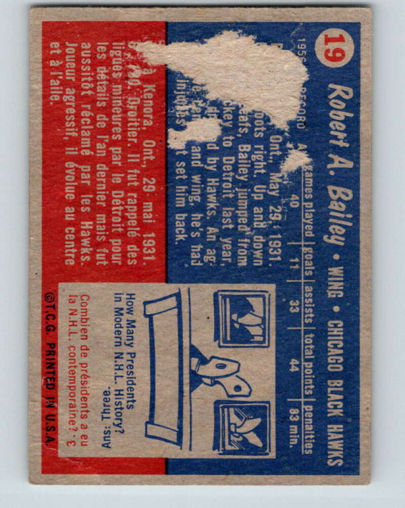 1957-58 Topps #19 Bob Bailey See Scan Chicago Blackhawks V178