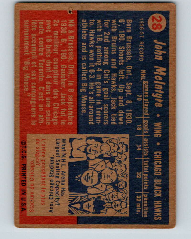 1957-58 Topps #28 Jack McIntyre See Scan Chicago Blackhawks V180