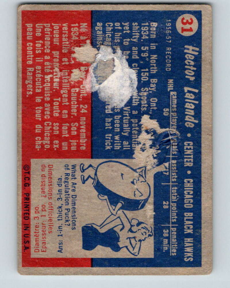 1957-58 Topps #31 Hec Lalande See Scan RC Rookie Chicago Blackhawks V181