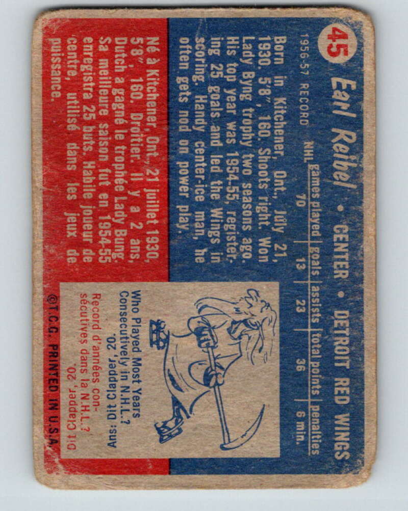1957-58 Topps #45 Dutch Reibel See Scan Detroit Red Wings V184