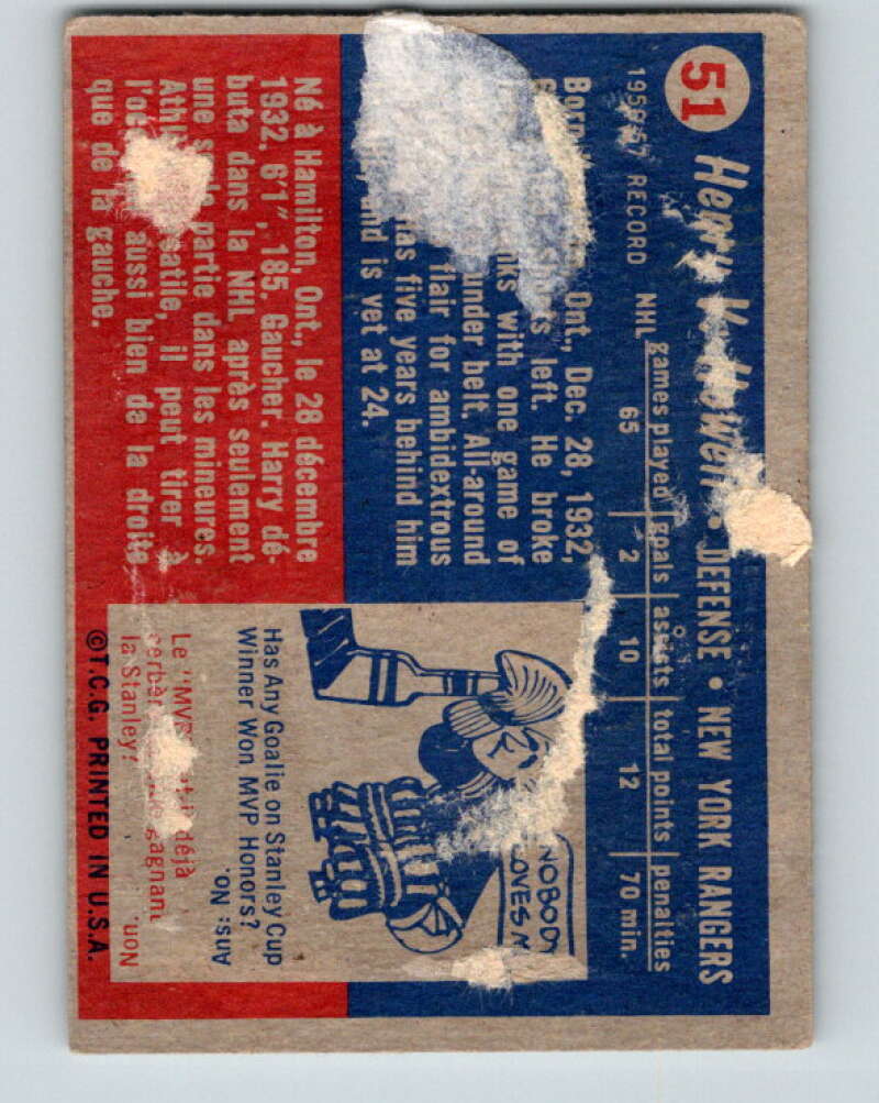 1957-58 Topps #51 Harry Howell See Scan New York Rangers V187