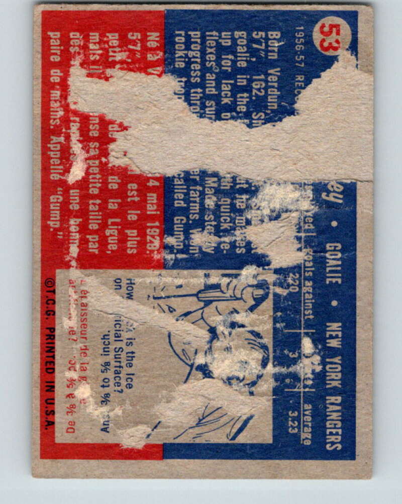 1957-58 Topps #53 Gump Worsley See Scan New York Rangers V188
