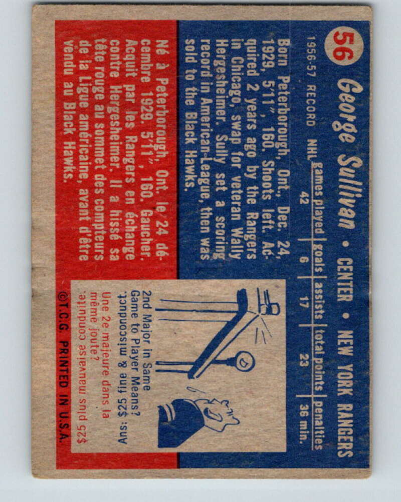 1957-58 Topps #56 Red Sullivan See Scan New York Rangers V189
