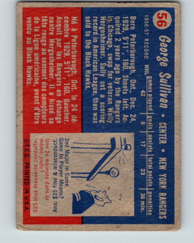 1957-58 Topps #56 Red Sullivan See Scan New York Rangers V190