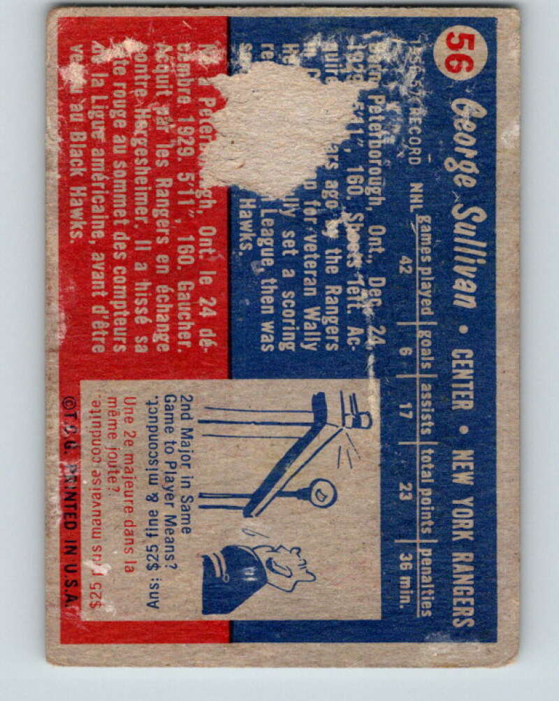 1957-58 Topps #56 Red Sullivan See Scan New York Rangers V191