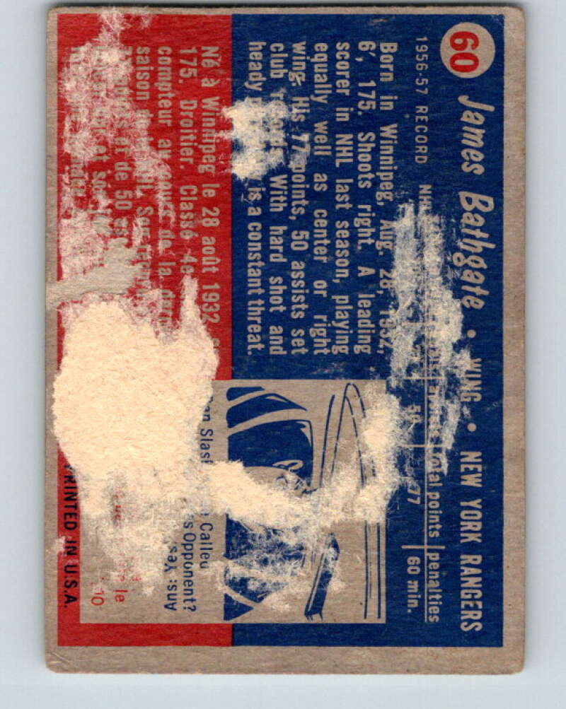 1957-58 Topps #60 Andy Bathgate See Scan New York Rangers V195