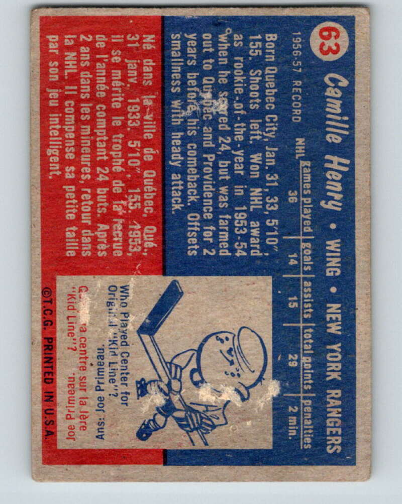 1957-58 Topps #63 Camille Henry See Scan New York Rangers V197