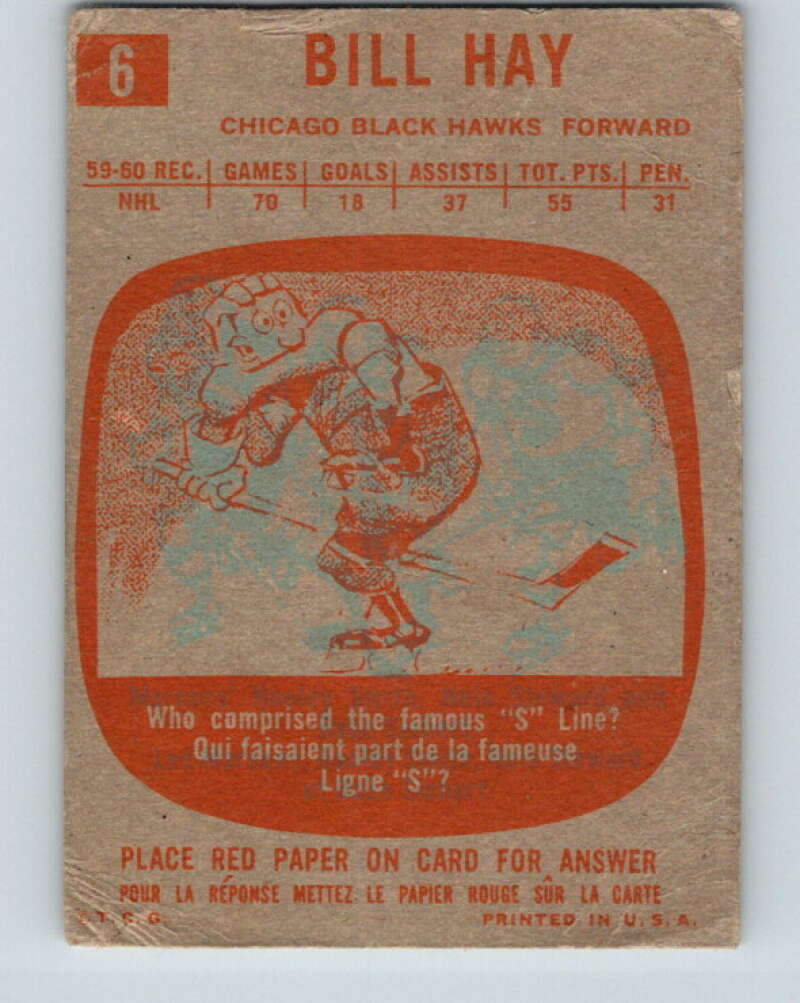 1960-61 Topps #6 Bill Hay RC Rookie Chicago Blackhawks V203