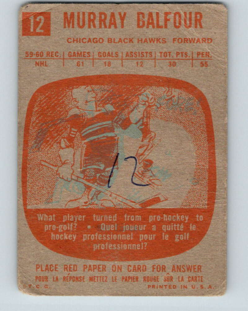 1960-61 Topps #12 Murray Balfour Chicago Blackhawks V205