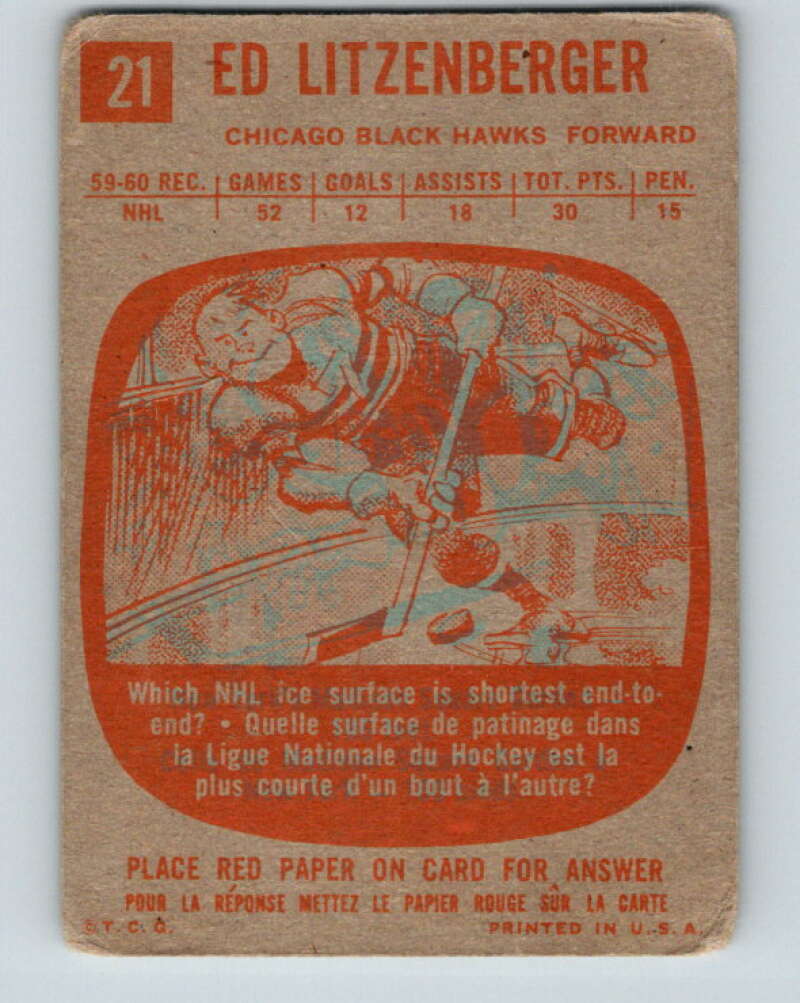1960-61 Topps #21 Ed Litzenberger Chicago Blackhawks V208