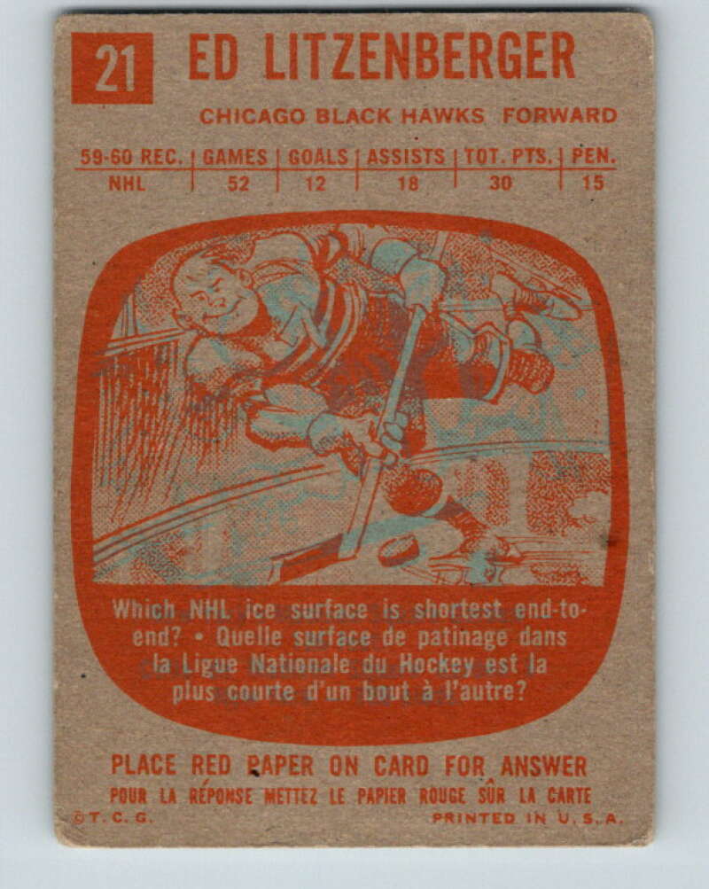 1960-61 Topps #21 Ed Litzenberger Chicago Blackhawks V209