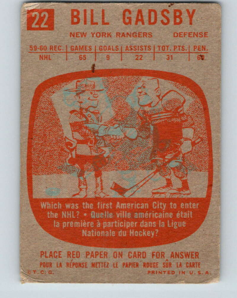 1960-61 Topps #22 Bill Gadsby New York Rangers V210