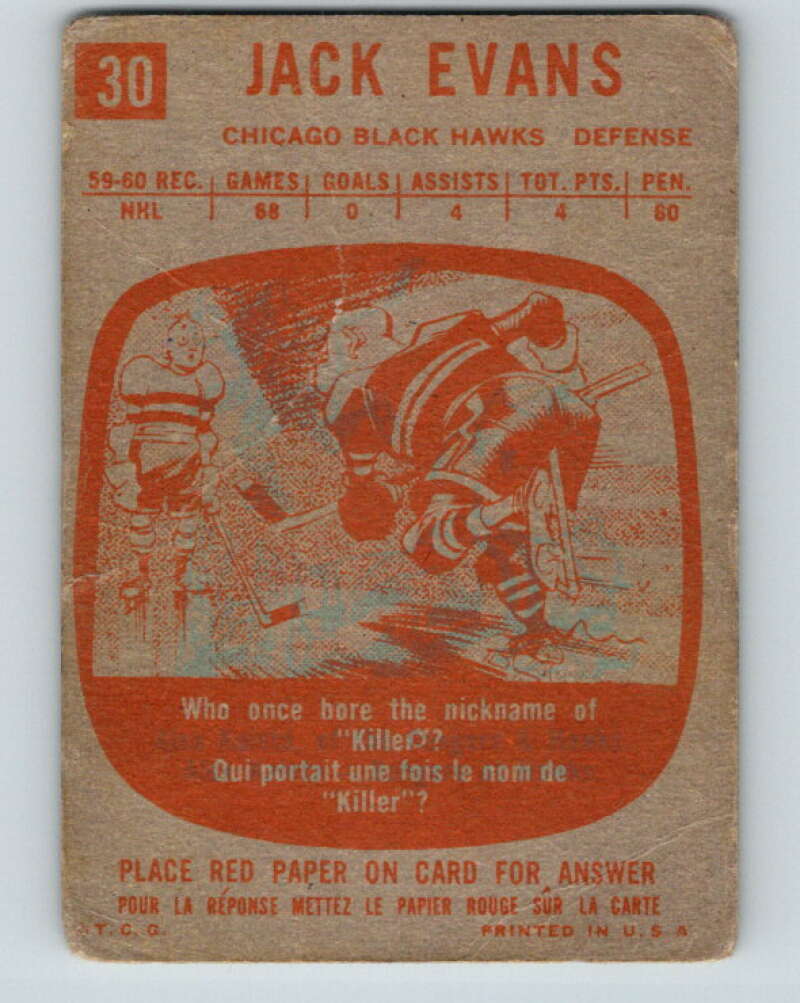 1960-61 Topps #30 Jack Evans Chicago Blackhawks V214