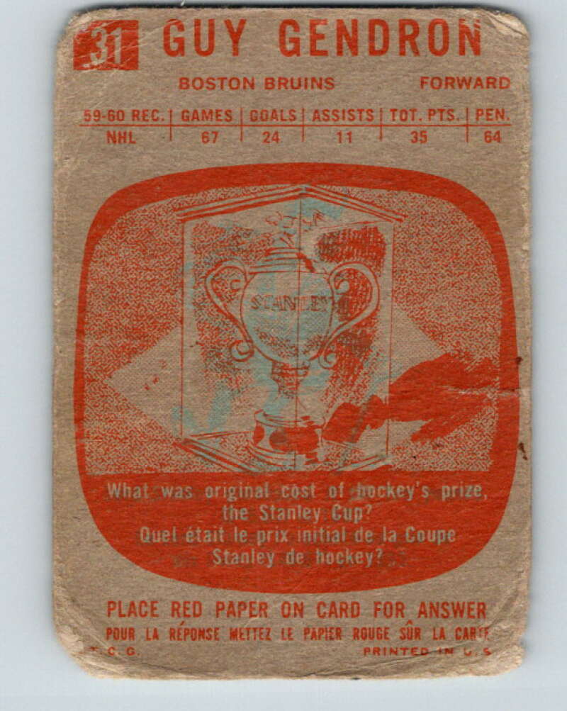 1960-61 Topps #31 Jean-Guy Gendron Boston Bruins V215