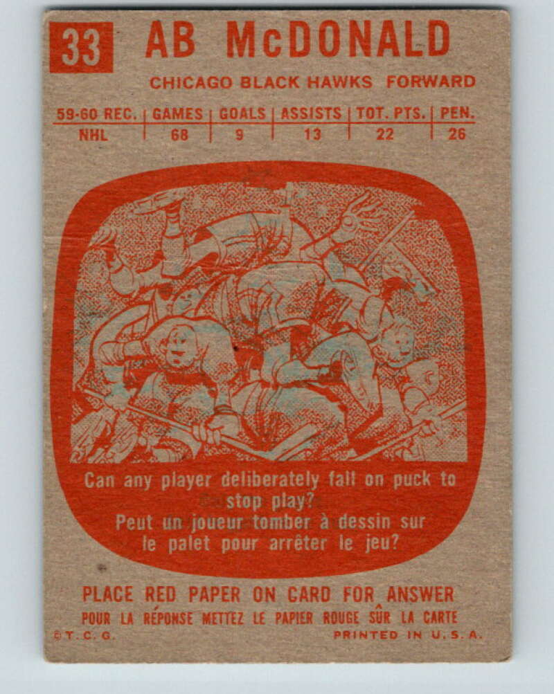 1960-61 Topps #33 Ab McDonald Chicago Blackhawks V216