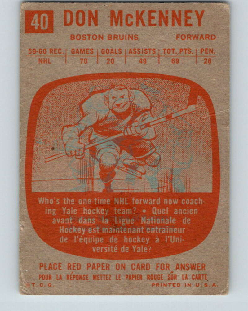 1960-61 Topps #40 Don McKenney UER Boston Bruins V218