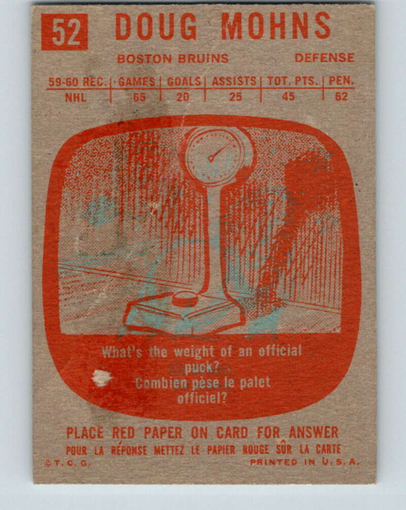 1960-61 Topps #52 Doug Mohns Boston Bruins V227
