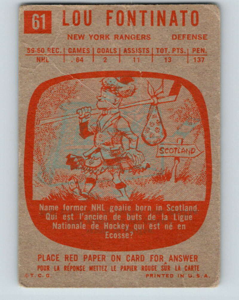 1960-61 Topps #61 Lou Fontinato New York Rangers V232
