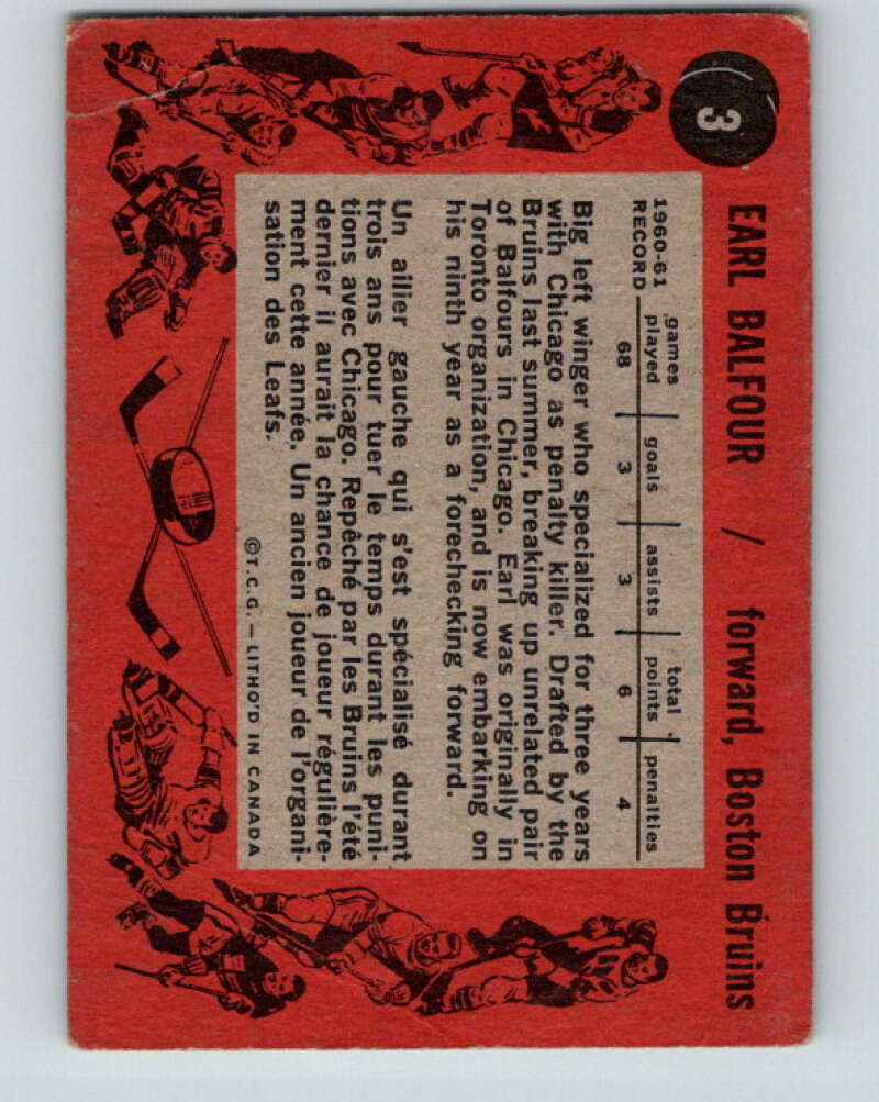 1961-62 Topps #3 Earl Balfour Boston Bruins V238