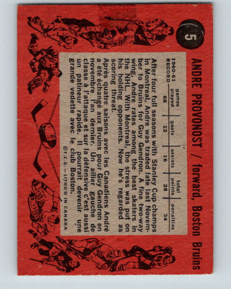1961-62 Topps #5 Andre Pronovost UER Boston Bruins V240